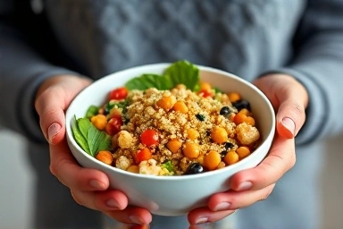 Person enjoying a healthy chickpea and quinoa salad.