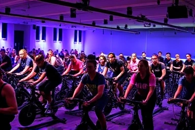 Energetic indoor cycling class with motivated participants.