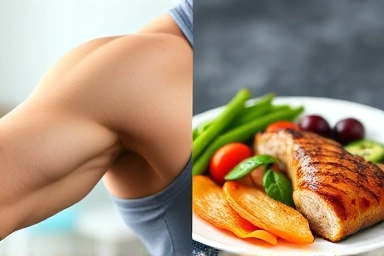 Toned muscles and healthy food, symbolizing strength training benefits.