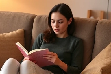 Peaceful person reading a book, relaxing with tea.