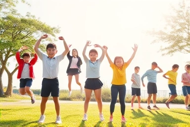 Healthy Korean schoolchildren exercising outdoors, promoting growth.
