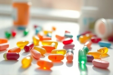 Colorful vitamin supplements scattered on a surface.