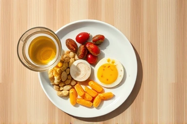 Healthy breakfast with supplements and water.