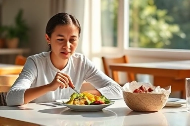 Focused person enjoying a healthy meal at a dining table.