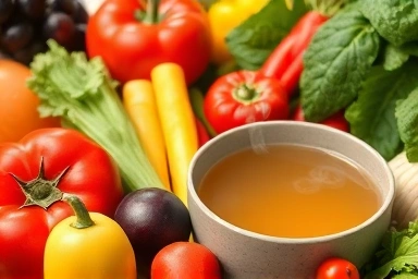 Vibrant Korean vegetables, fruits, and herbal tea for health.