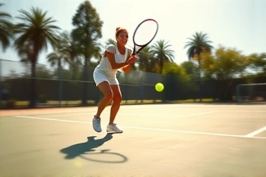 Person energetically playing tennis on an outdoor court.