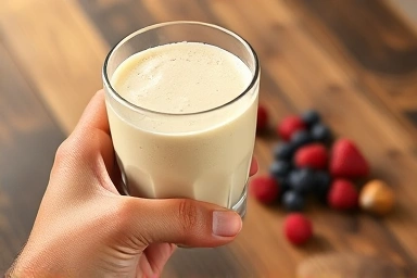 Healthy tofu smoothie with fresh berries and nuts