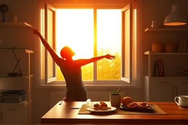 Person stretching in bright morning light, healthy breakfast setup.