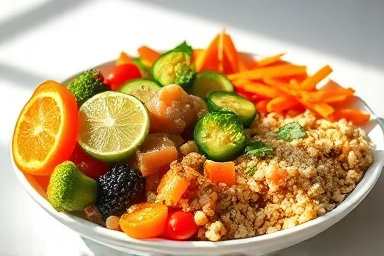 Balanced healthy meal plate with vegetables, protein, and grains