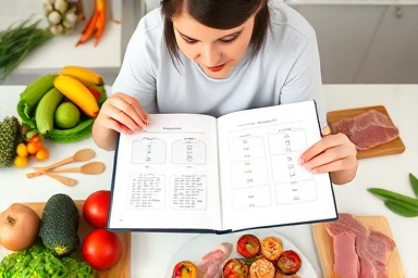 Person planning healthy meals with fresh ingredients and dietary charts