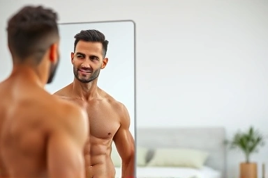 Confident person admiring toned body in mirror