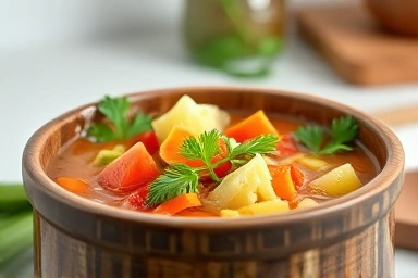 Healthy witch soup with fresh vegetables in a bowl.