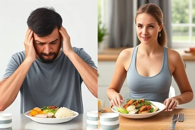 Contrast between restrictive dieting and sustainable weight management.