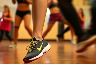 Dynamic Zumba dance move, emphasizing calorie-burning action.