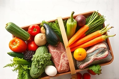 Abundant grocery basket with fresh, colorful, seasonal ingredients.