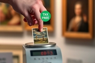 Art investment tax reduction concept, hand with art piece and tax-free symbol.