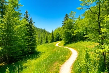 Scenic hiking trail in a lush green forest