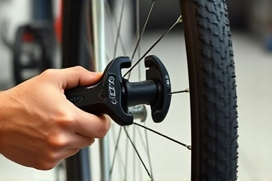 Hands repairing a flat bicycle tire with tools.