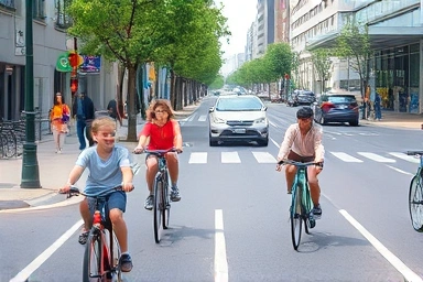 Safe and happy cycling on a city street with dedicated lanes.