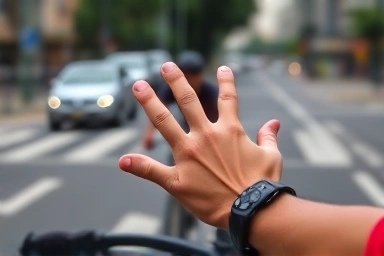 Cyclist signaling a turn, emphasizing safety and communication.
