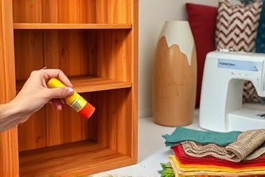 Hands painting an old bookshelf and crafting fabric decor for home.