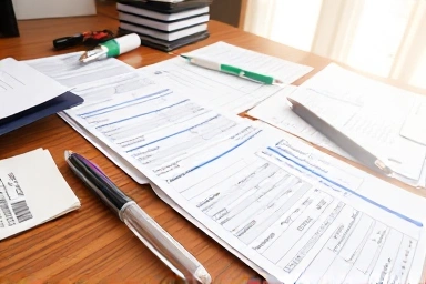 Organized tax receipts and documents on a desk.