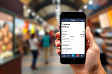Hand holding digital receipt in a marketplace.