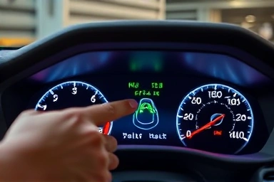 Car dashboard with optimal health indicators, mechanic's hand.