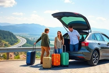 Family loading car for safe holiday travel, scenic overlook.