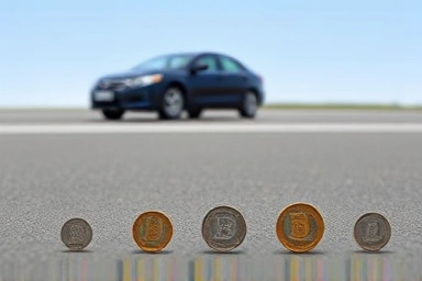 Car driving safely, with symbolic coins representing potential fines.