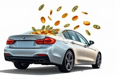 Car insurance savings symbolized by money flying from exhaust