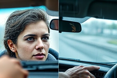 Contrast of clear vs. streaky car windshield in rain