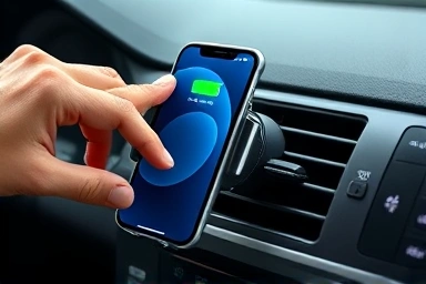 Hand placing smartphone on magnetic car wireless charger