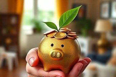 Hand holding piggy bank with coins and green leaf
