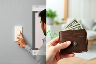 Turning off light switch and digital wallet showing cash