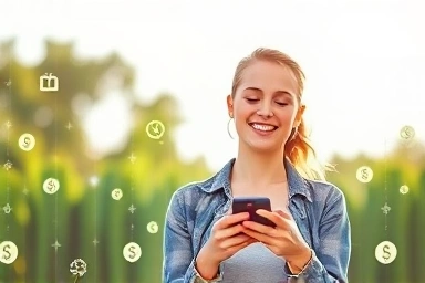 Happy person using smartphone with savings and data.