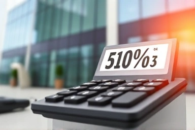 Calculator showing profit gain with office building background