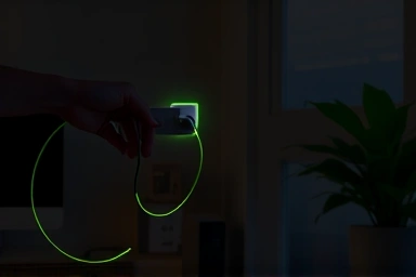 Hand unplugging computer power strip to save energy