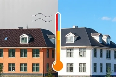 Comparison of dark roof vs. cool roof showing temperature difference.