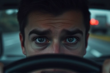 Tired driver's eyes, blurred road, danger of drowsy driving.