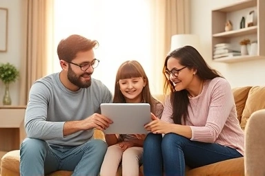 Family reviewing energy savings on tablet
