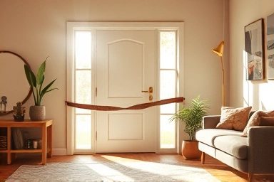 Cozy living room with modern entryway door, symbolizing energy saving.