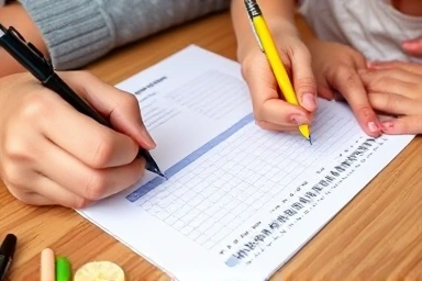 Hands writing family budget goals together.