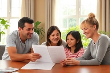 Family collaborating on saving money with joy.