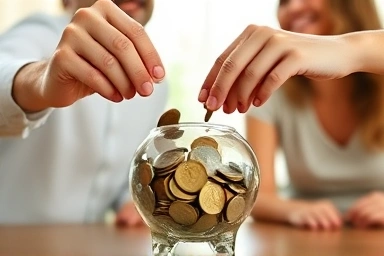 Hands of a family saving coins together.