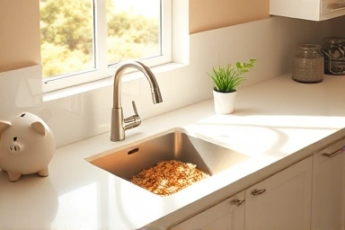 Modern kitchen with efficient food waste disposer saving energy.