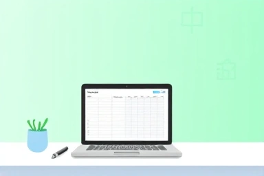 Clean desk with a budget spreadsheet on a laptop.