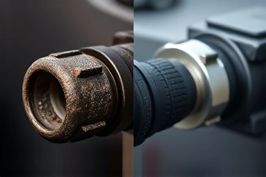 Dirty vs. clean fuel injector nozzles symbolizing engine cleaning