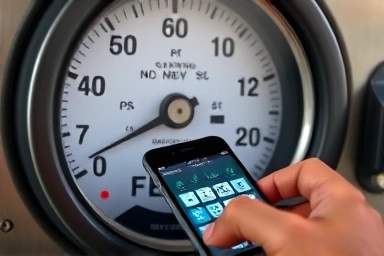 Close-up of gas meter and hand using mobile app for entry