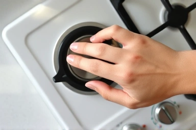 Hand using gas stove with safety timer installed.